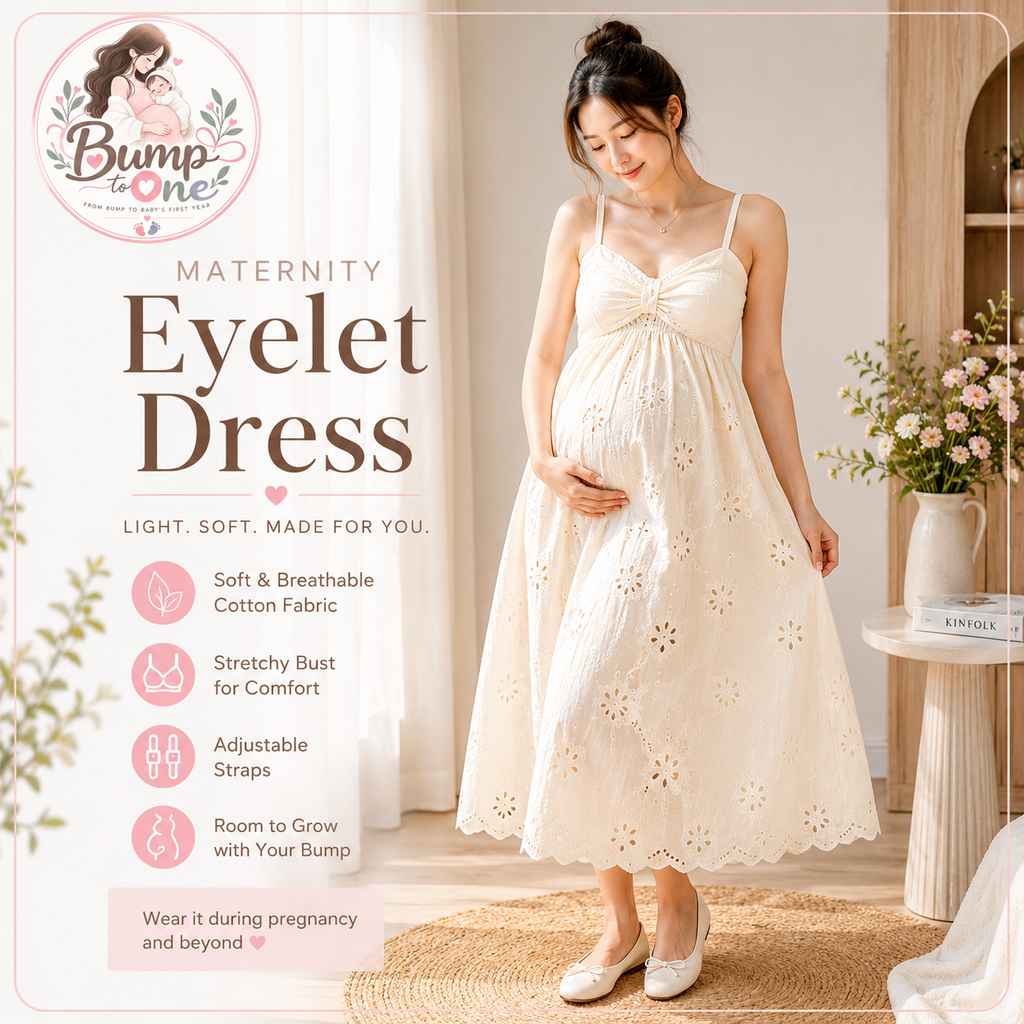 Maternity Summer Eyelet Midi Dress – Adjustable Strap & Stretch Bust