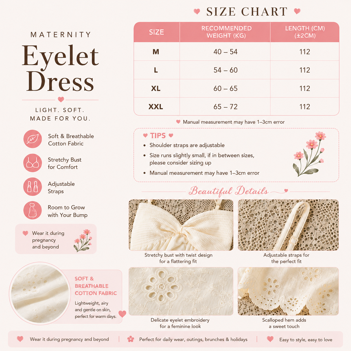 Maternity Summer Eyelet Midi Dress – Adjustable Strap & Stretch Bust
