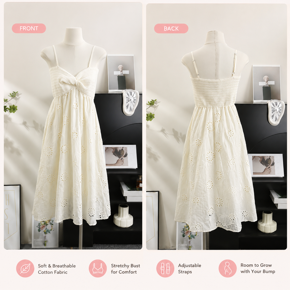 Maternity Summer Eyelet Midi Dress – Adjustable Strap & Stretch Bust