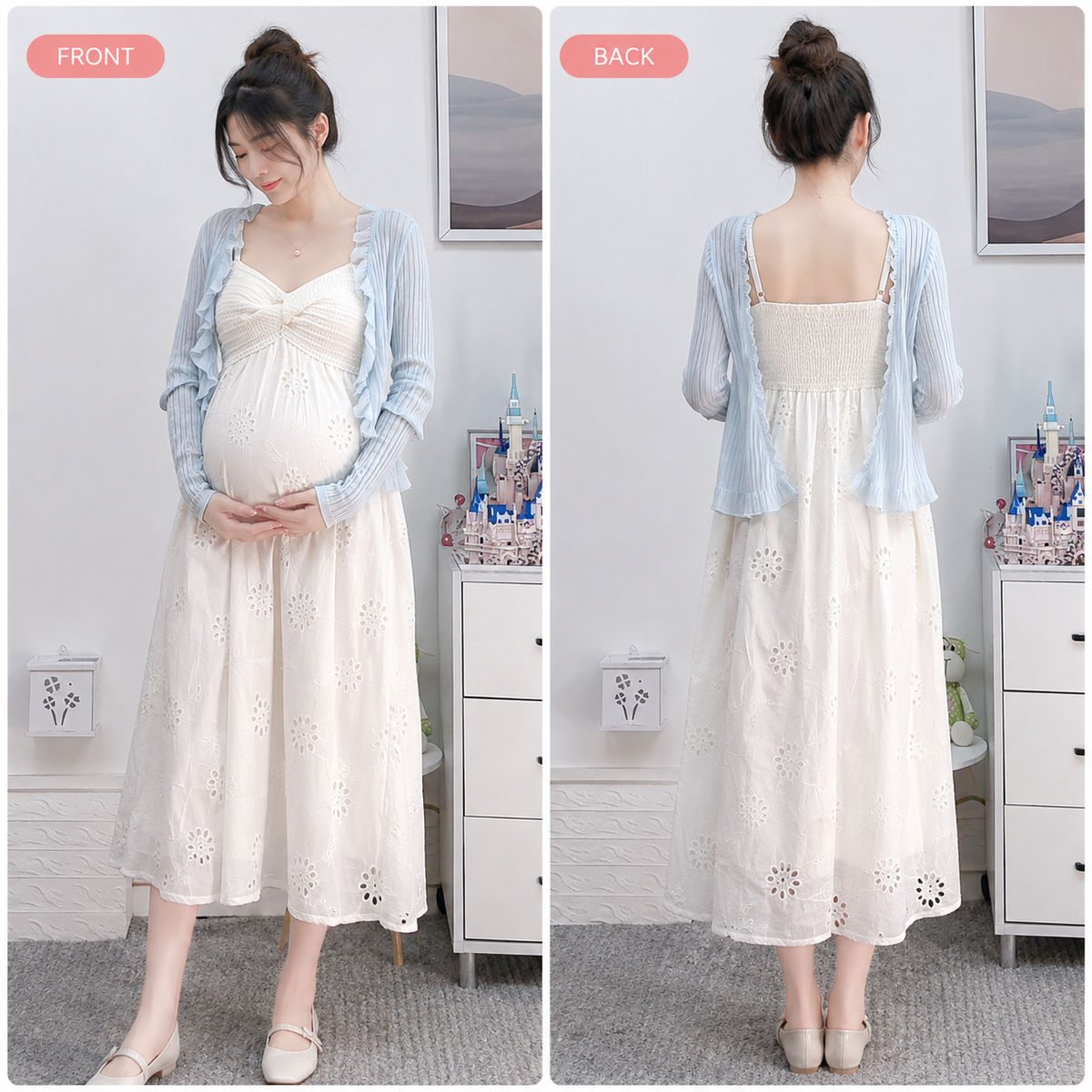 Maternity Summer Eyelet Midi Dress – Adjustable Strap & Stretch Bust